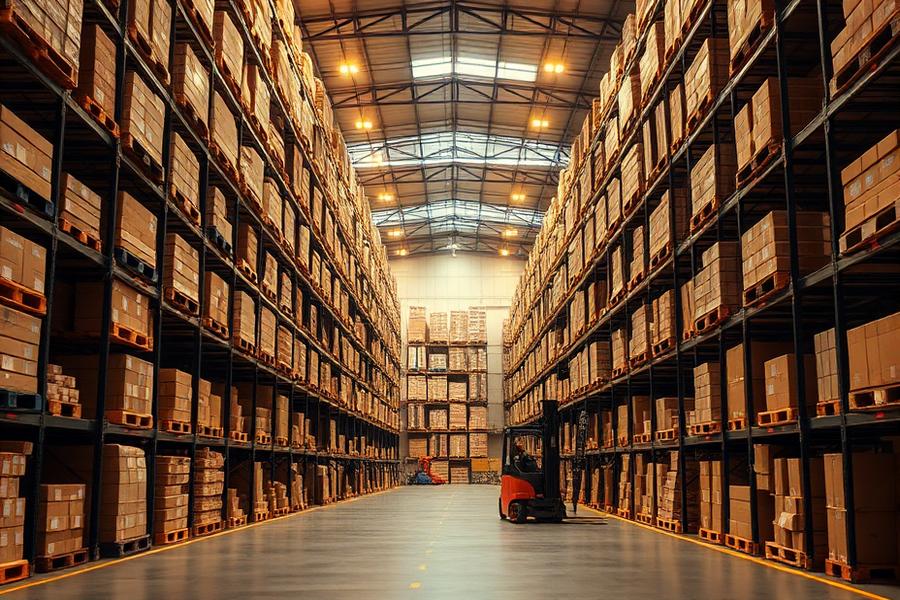 Almacén logístico con racks y montacargas